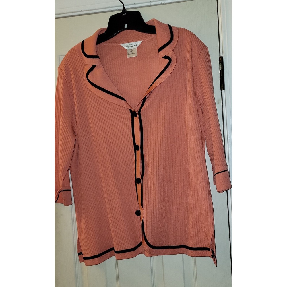 Exclusively Misook Knit Cardigan Coral With Black Trim XL